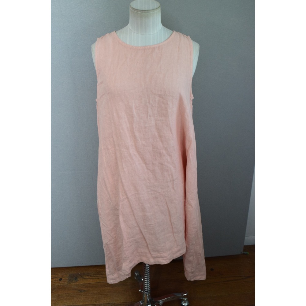 Magic Linen Shift Dress Small Peach 100% Linen Asymmetric Sleeveless Lagenlook